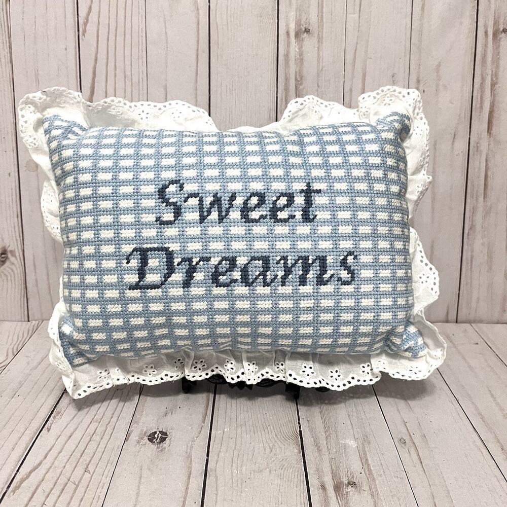 Magaschoni Sweet Dreams Needlepoint Pillow Blue White Ruffle Grandmillennial